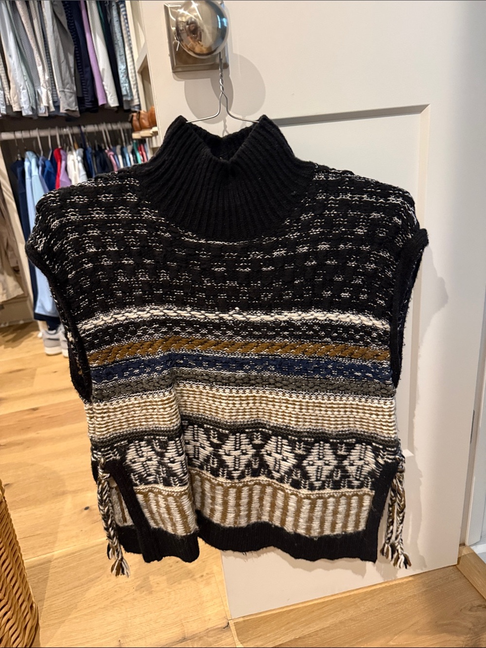 Madewell Black Fair Isle Turtleneck Sweater Vest with Cream, Tan & Blue Accents